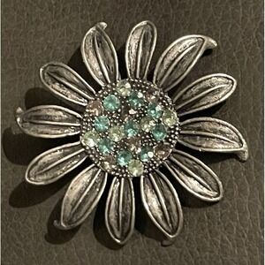 Vintage Rhinestone Flower Brooch Aqua Blue Pewter Tone Floral Statement Sculptur